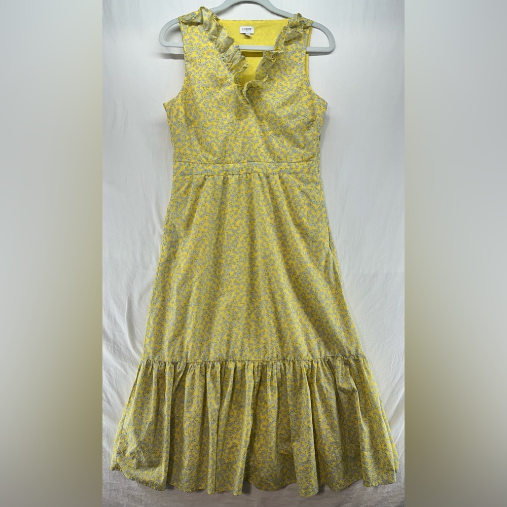 J Crew Dress Women Size 10 Yellow Floral Feminine Dainty Ruffle Hem Midi Boho